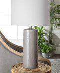28 Inch Ceramic Table Lamp With On Off Switch, Drum Shade, Modern Accent Light For Living Room Or Bedroom, gray base