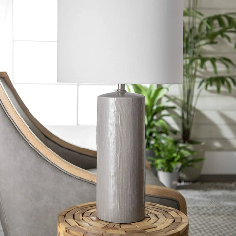 28 Inch Ceramic Table Lamp With On Off Switch, Drum Shade, Modern Accent Light For Living Room Or Bedroom, gray base
