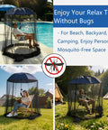 All In One Beach Umbrella With Mosquito Net For Chairs, Strollers, And Camping shown poolside and outdoors with netting.