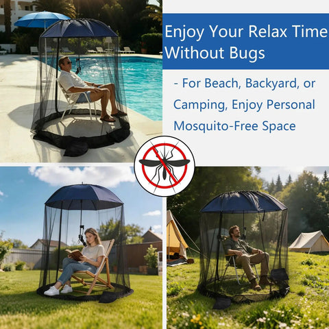 All In One Beach Umbrella With Mosquito Net For Chairs, Strollers, And Camping shown poolside and outdoors with netting.