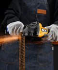 Badass No Nonsense Cordless Angle Grinder For 20V Battery Systems Featuring Brushless Motor cutting through metal rebar with sparks.