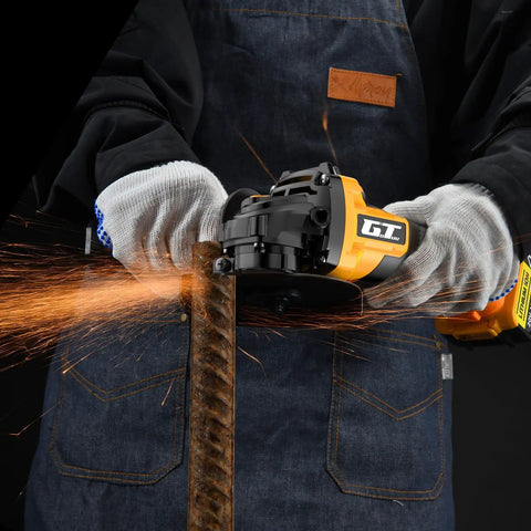 Badass No Nonsense Cordless Angle Grinder For 20V Battery Systems Featuring Brushless Motor cutting through metal rebar with sparks.