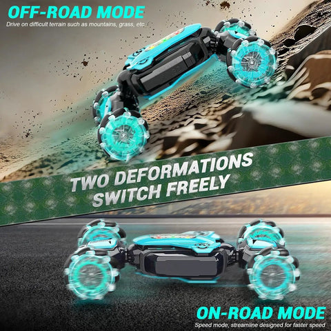 Gesture Sensing RC Stunt Car With Remote And Wristband Control, 2.4GHz 4WD Transforming Car shown in off-road and on-road modes