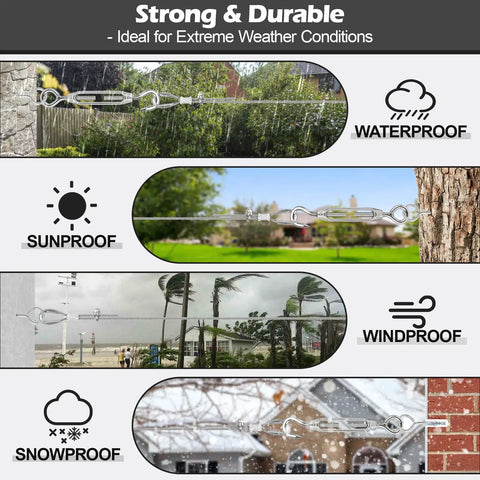 Heavy Duty One Eighth Inch Stainless Steel Wire Rope Kit That Works Like A Workhorse With One Hundred Feet Of Seven By Seven Cable M6 Turnbuckles Thimbles U Bolts Crimp Sleeves And Lag Screws For Hanging Lights And String Lines showing durability against weather elements.