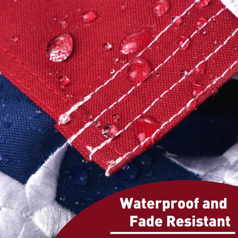 Close-up of Outdoor 3x5 Ft American Flag Deluxe Heavy Duty Spun Polyester showing waterproof stitching and embroidered stars.