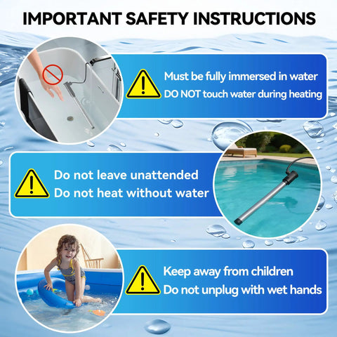 Important safety instructions for Top Tier 2000 Watt Titanium Immersion Water Heater with warnings and usage tips.