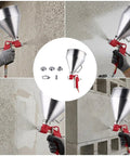 Straight Up Professional Paint Sprayer With Rock Solid Aluminum Tank and Elbow Style Design featuring spray action on textured wall.