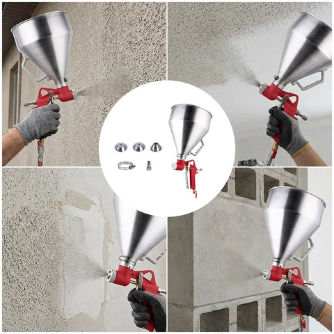 Pro Level Air Spray Gun Kit With Swap Out Three Liter And Six Liter Tanks delivering paint onto a textured wall surface.