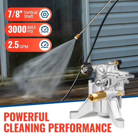 Seven Eighths Inch Shaft Vertical Pressure Washer Pump 3000 PSI At 2.5 GPM Replacement with spray action and performance icons