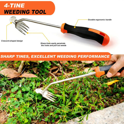 3-In-1 Weed Puller Set With 4-Tine Uprooter And Crevice Weeder, portable garden tool with ergonomic handle and sharp tines in use
