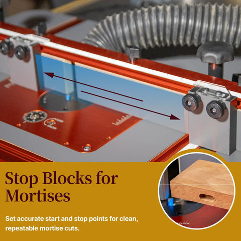 Essential Router Table Upgrade Kit Featuring Micro Adjustable Aluminum Fence With Dual Bearing Guide Rails For Dead Nuts Alignment And Butter Smooth Cutting Action To Level Up Your Woodshop Game with stop blocks for mortises.