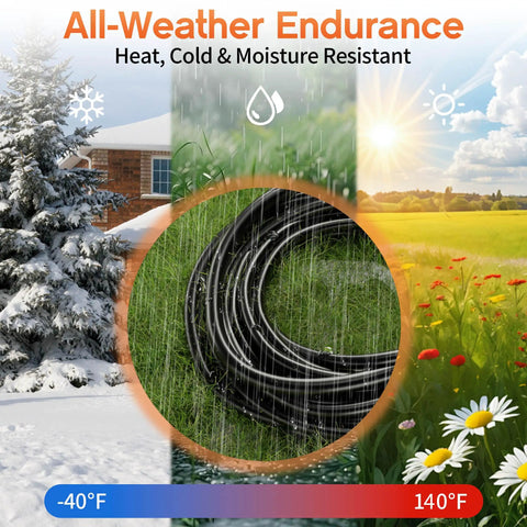 Outdoor 50 Ft Extension Cord With 3 Outlets And Indicator Light coiled on grass, showcasing all-weather endurance.