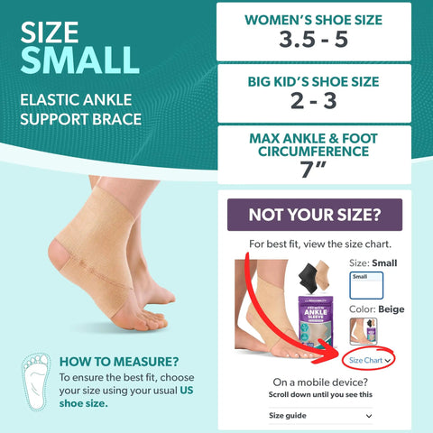 Elastic Ankle Support Sleeve For Men And Women, Beige Small shown on foot with size chart for shoe size guidance.
