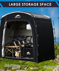 Bike Storage Tent Outdoor Portable Shed For 2 To 4 Bikes And More Large 90 By 33 By 75 Inch Space Built With 210D Oxford Cloth And PU4000mm Waterproof Fabric Weatherproof Storage For Motorcycles Garden Tools Lawn Mower And Gear, shown on grassy landscape with bikes inside, dimensions labeled.