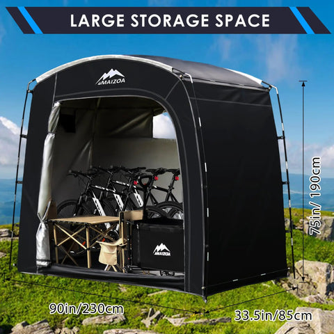 Bike Storage Tent Outdoor Portable Shed For 2 To 4 Bikes And More Large 90 By 33 By 75 Inch Space Built With 210D Oxford Cloth And PU4000mm Waterproof Fabric Weatherproof Storage For Motorcycles Garden Tools Lawn Mower And Gear, shown on grassy landscape with bikes inside, dimensions labeled.