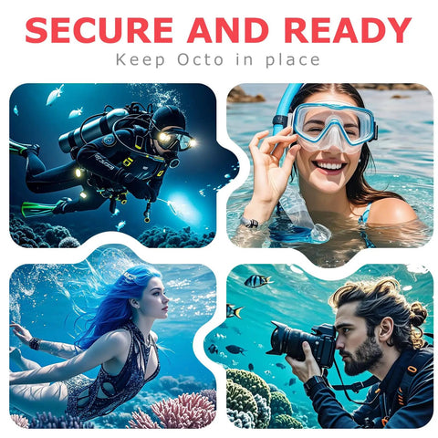 Collage with diver using Two Pack Scuba Octopus Holder For Regulators With Elastic Loop And 360 Swivel Clip during dive.