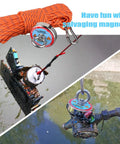 Beast Mode Heavy Duty 400 Lbs Neodymium Fishing Magnet Kit in use, lifting metal objects from water, showcasing nylon rope and magnet.