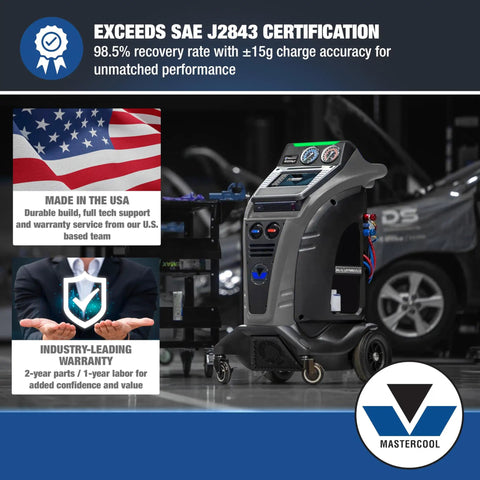 Real Deal Pro Setup R1234YF AC Recovery Recycling Machine For Hybrid EV Cars With Built In Refrigerant Identifier 6 Cfm Vacuum Pump 10 Inch Touchscreen Auto Manual Settings in a garage environment.