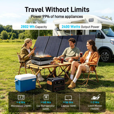 Three friends enjoying outdoor cooking with Rock Solid Yet Hella Lightweight 2800Wh Portable Power Station and Rapid Charge Solar Generator.