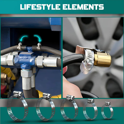 Image showing the 20 Piece Heavy Duty Stainless Steel Hose Clamp Set For Plumbing Automotive Fuel Lines And Mechanical Use Adjustable Worm Gear Clamps 6mm To 51mm Size Range Durable Rustproof Corrosion Resistant in use on pipes and tubing, highlighting the clamps securing hoses in various mechanical applications.
