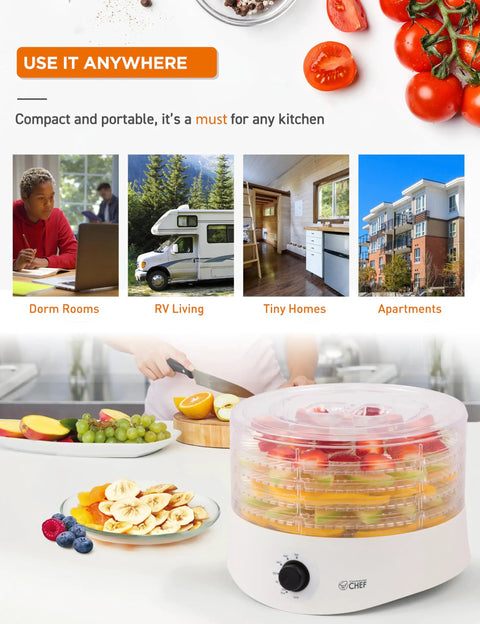 Premium Electric Food Dehydrator Packing Five BPA Free Trays For Backyard Jerky Dried Fruits And Fresh Herbs in use with sliced fruits.