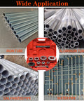 Ratcheting Pipe Threader Kit With Seven Dies Set Covers 3/8 In, 1/2 In, 3/4 In, 1 In, 1-1/4 In, 1-1/2 In, 2 In BSPT in red case with pipe types