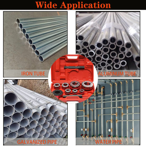Ratcheting Pipe Threader Kit With Seven Dies Set Covers 3/8 In, 1/2 In, 3/4 In, 1 In, 1-1/4 In, 1-1/2 In, 2 In BSPT in red case with pipe types