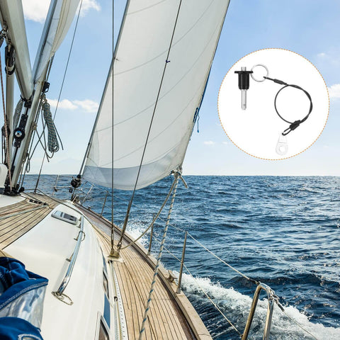 Two Pack Beefy Quick Release Pin One Quarter Inch By Six Tenths Inch Ball Lock With Push Button 304 Stainless Steel Ring Handle shown on a sailboat