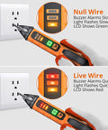 Non Contact Voltage Tester Pen Adjustable 12 To 1000 Volt Range For Quick Line Checks AC Voltage Detector With High And Low Sensitivity Easy To Use Safety Tool For Home DIY And Pros on outlet, showing live and null wire indicators