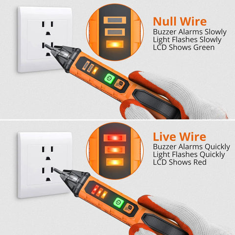 Non Contact Voltage Tester Pen Adjustable 12 To 1000 Volt Range For Quick Line Checks AC Voltage Detector With High And Low Sensitivity Easy To Use Safety Tool For Home DIY And Pros on outlet, showing live and null wire indicators