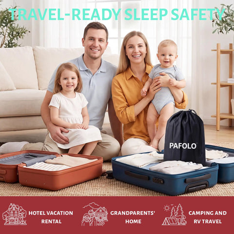 Family with luggage and carry bag, Inflatable Bed Rails For Toddlers 2 Pack Travel Bumpers For Kids With Non Slip Washable Cover