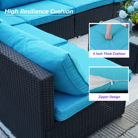 All Weather 7 Piece Outdoor Sectional Sofa Set With Waterproof Cover Wicker Patio Furniture Including Coffee Table Cushions And Rust Resistant Frame Blue Backyard Hangout Conversation Set For Garden And Patio showing thick cushions and zipper design