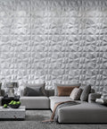 Diamond Pattern Grey PVC Wall Panels 19.7 Inch Square Pack Of 12 Lightweight Fire Resistant Easy DIY For Living Room Bedroom Kitchen TV Backdrop And Slick Accent Walls on living room wall