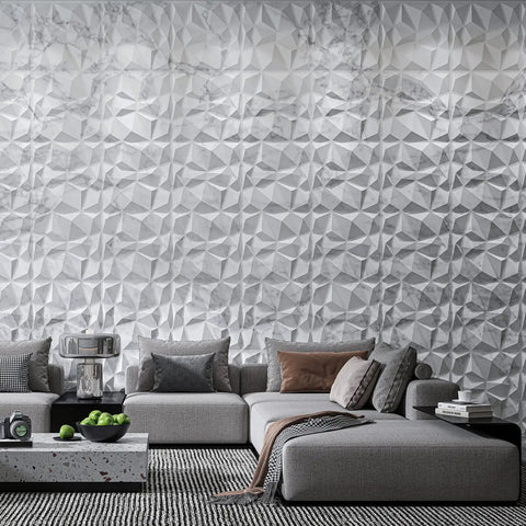 Diamond Pattern Grey PVC Wall Panels 19.7 Inch Square Pack Of 12 Lightweight Fire Resistant Easy DIY For Living Room Bedroom Kitchen TV Backdrop And Slick Accent Walls on living room wall