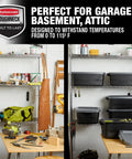 Heavy Duty 10 Gallon Storage Totes With Lids 6 Pack Stackable Plastic Bins in garage on shelves