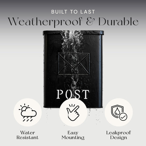 Classic London Style Wall Mount Mailbox In Black Matte Finish Outdoor Front Door Mailbox with water droplets highlighting weather resistance.