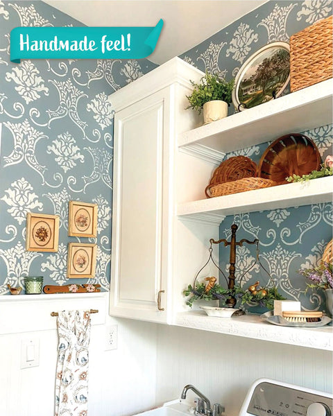 Indoor wall with Victorian-style decor using Baroque Damask Wall Stencil Kit For Painting 2-Pack Large 16.5 By 21.5 Inch Stencils.