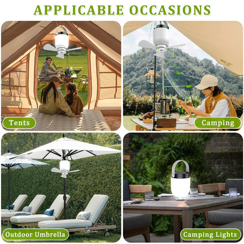 2 In 1 Camping Fan And LED Lantern For Outdoors Portable Hanging Ceiling Fan with light in tent, campsite, umbrella, and table settings