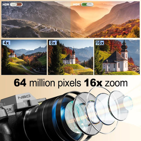 Image showcasing 64MP photos and 16x zoom features of a 5K Vlogging Camera With 180 Degree Flip Screen And 16x Zoom, 64MP Photos.
