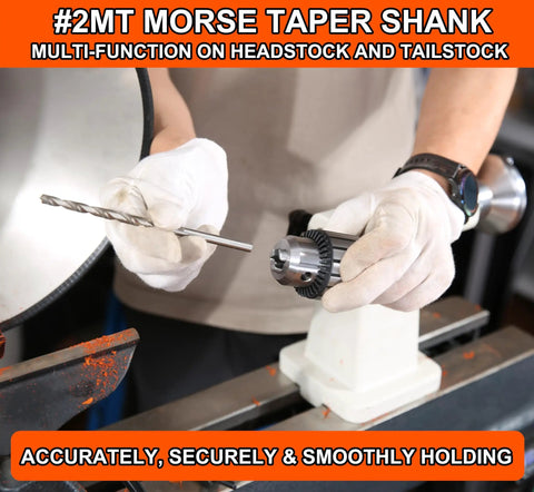 Hands holding a drill bit and a Heavy Duty 1/2 Inch Keyed Drill Chuck With Two Morse Taper Arbor for wood lathe use.