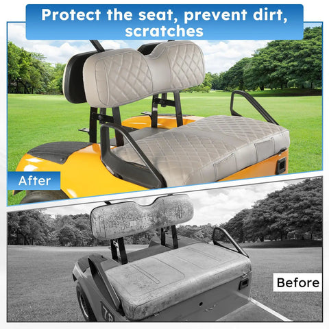 Before and after of Ezgo Txt Front Seat Covers 1994-2013 Waterproof Vinyl Leather Replacement With Pockets Beige Golf Cart Accessories.
