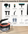 Heavy Duty 2500W Steam Cleaner With 1.9 Quart Tank And Four Bar High Pressure Accessories and Dimensions Overview