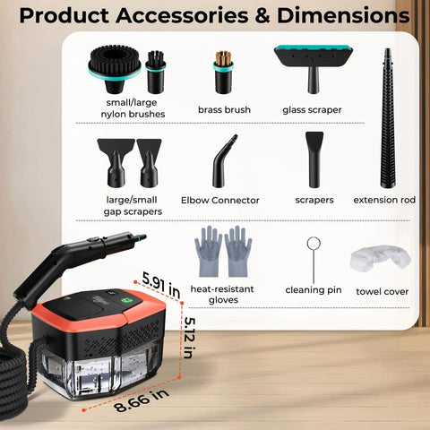 Heavy Duty 2500W Steam Cleaner With 1.9 Quart Tank And Four Bar High Pressure Accessories and Dimensions Overview