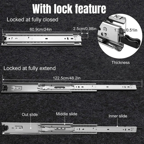 Heavy Duty Locking Drawer Slides 24 Inch Pair With Full Extension and Lock, 250 Lb Load Capacity, Soft Close, Side Mount Ball Bearing Rails, Industrial Grade Hardware for Durable Smooth Opening Drawers, locked closed and open