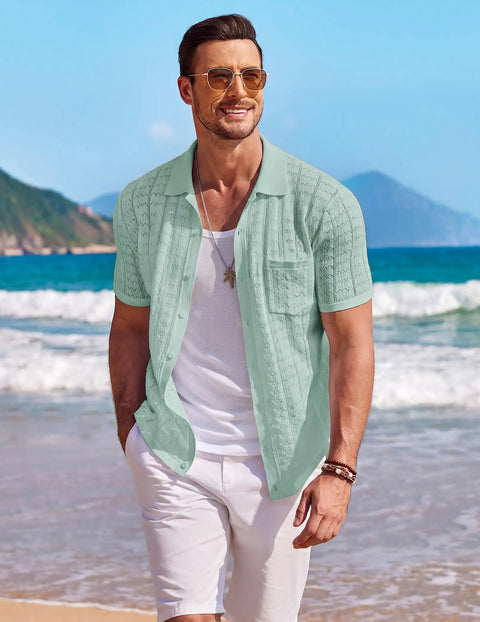 Men's Knit Short Sleeve Button Down Shirt Vintage Polo Beach Top In Ice Green Lightweight Breathable Knit Casual Summer Everyday Wear Soft Comfort Wrinkle Free And Easy Care
