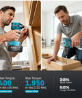 Cordless Drill And Impact Driver Combo Kit For DIY Home Projects With Brushless Motors, 0 To 3250 RPM, 0 To 3450 IPM, 1950 In Lbs Torque, Four Speed Settings, Three Scene Modes, And A Three Eighths Inch Driver Drill, shown drilling wood