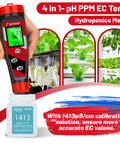 Hydroponics 4 In 1 pH Meter EC TDS Temperature Tester with digital display showing readings, in use with nutrient solution bottle.