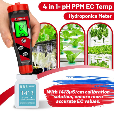 Hydroponics 4 In 1 pH Meter EC TDS Temperature Tester with digital display showing readings, in use with nutrient solution bottle.