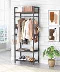 Robust Set Of 10 Heavy Duty Clothes Rack With Shelf And Hanging Rod in compact space with clothes and shoes.