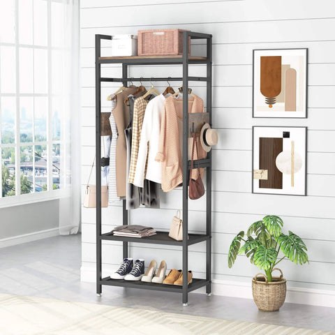 Robust Set Of 10 Heavy Duty Clothes Rack With Shelf And Hanging Rod in compact space with clothes and shoes.